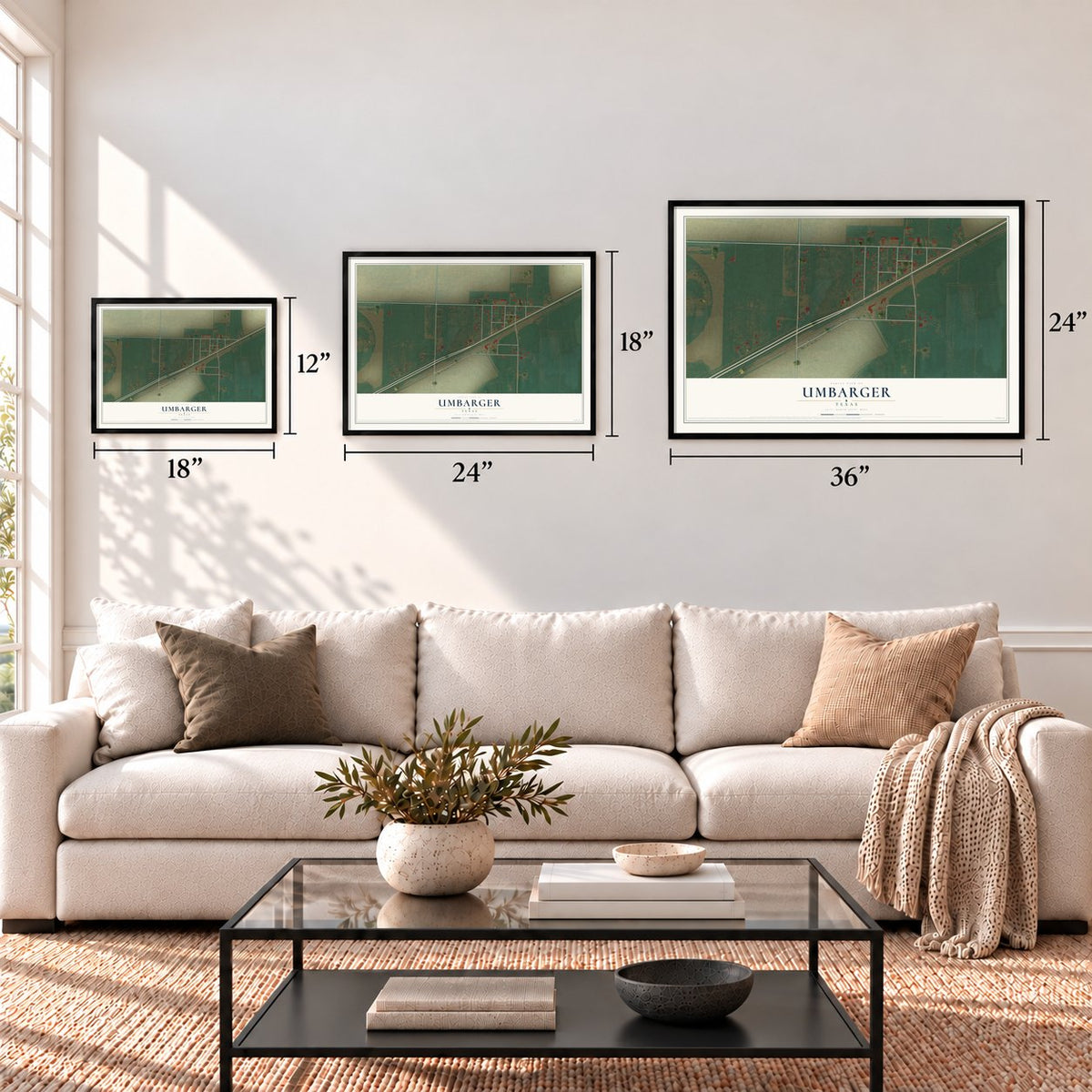 Umbarger, Texas map in 12 x 18, 18 x 24 and 24 x 36 inch sizes above a sofa