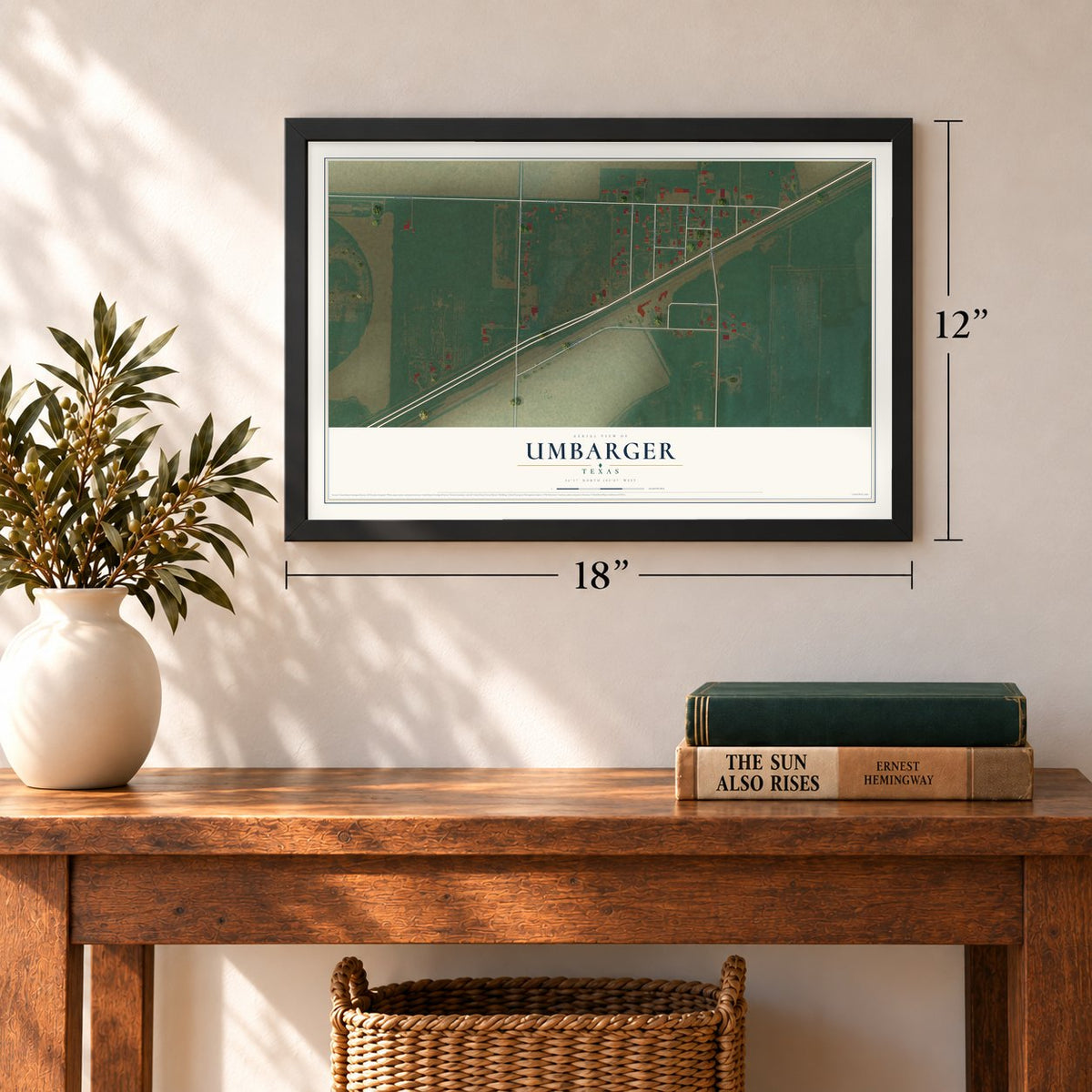 Umbarger, Texas map, 12 x 18 inch print in a black frame in an entryway