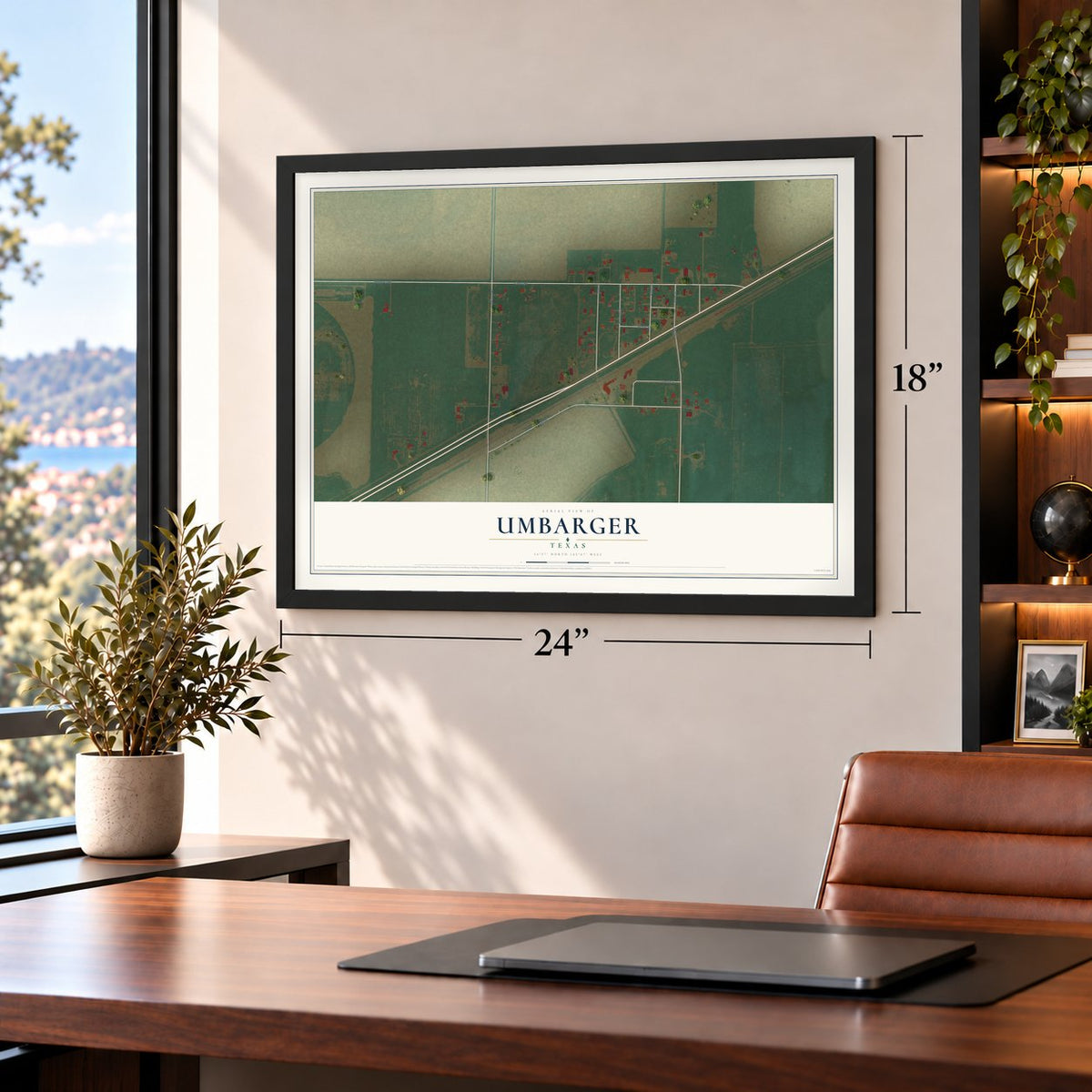 Umbarger, Texas map, 18 x 24 inch print in a black frame in a home office