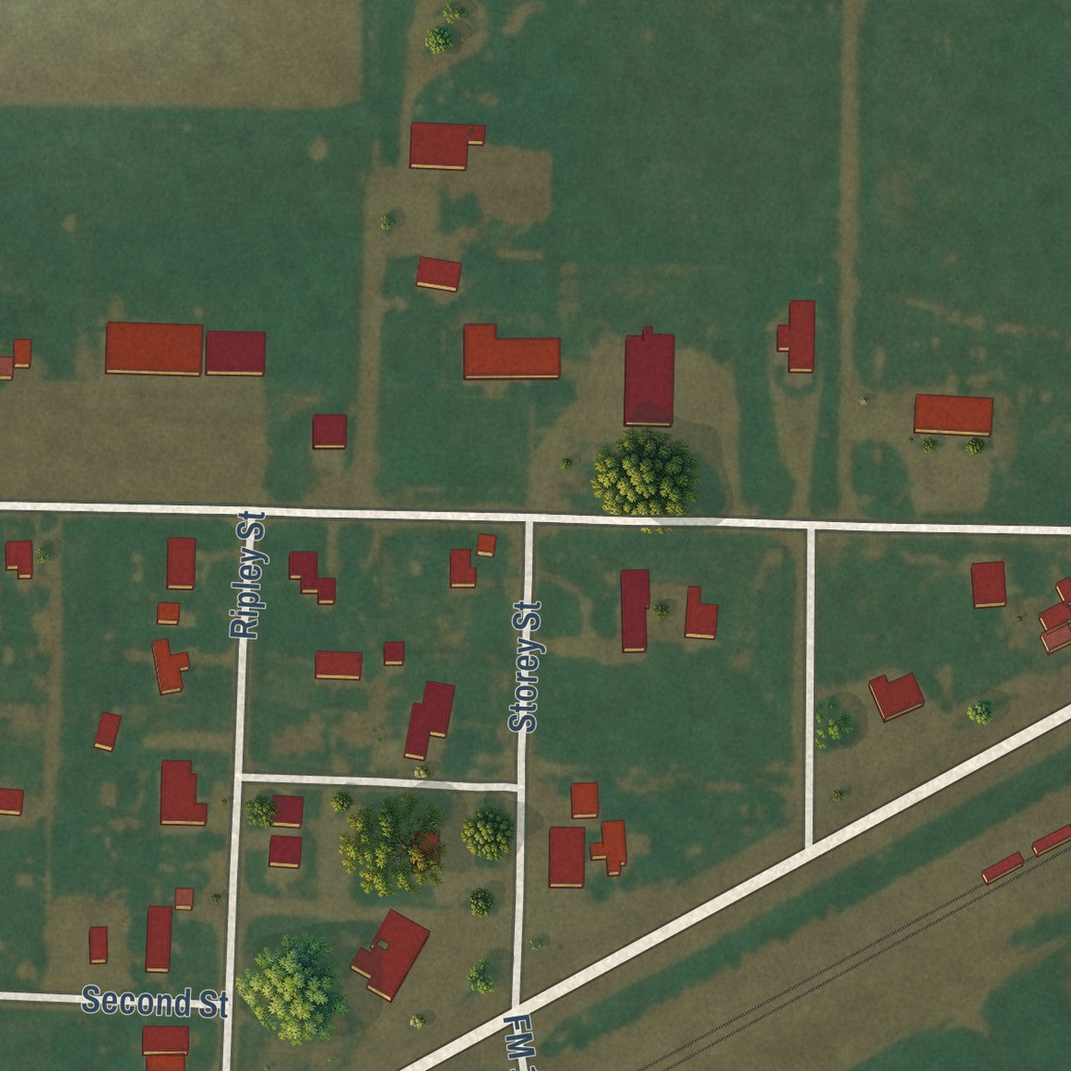 Close-up of the map of Umbarger, Texas print showing street and building detail