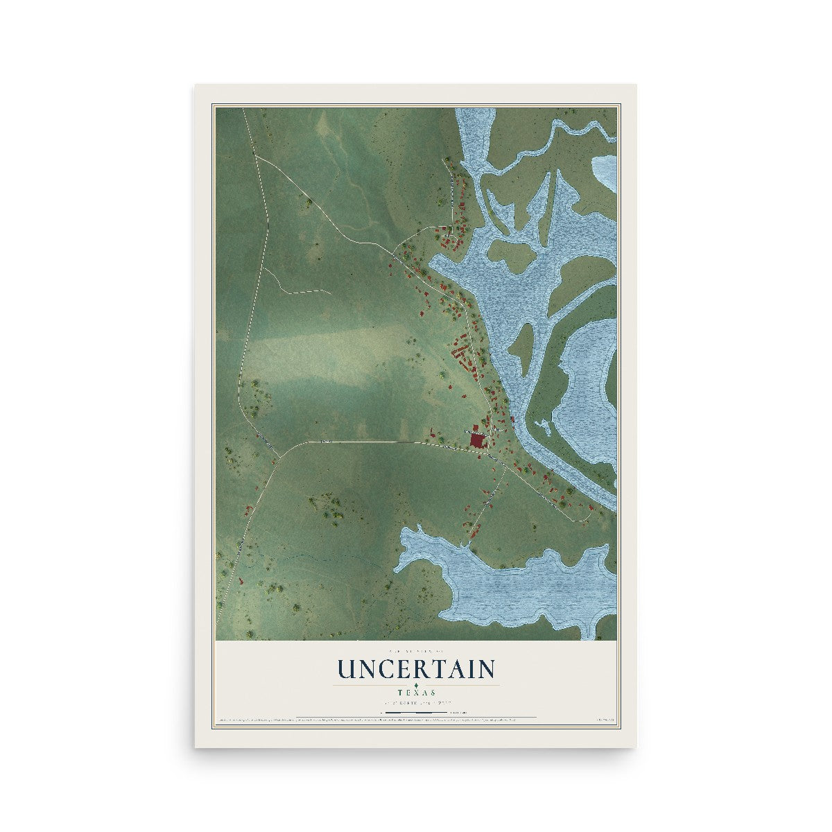 Map of Uncertain, Texas, 12 x 18 inch unframed archival matte print