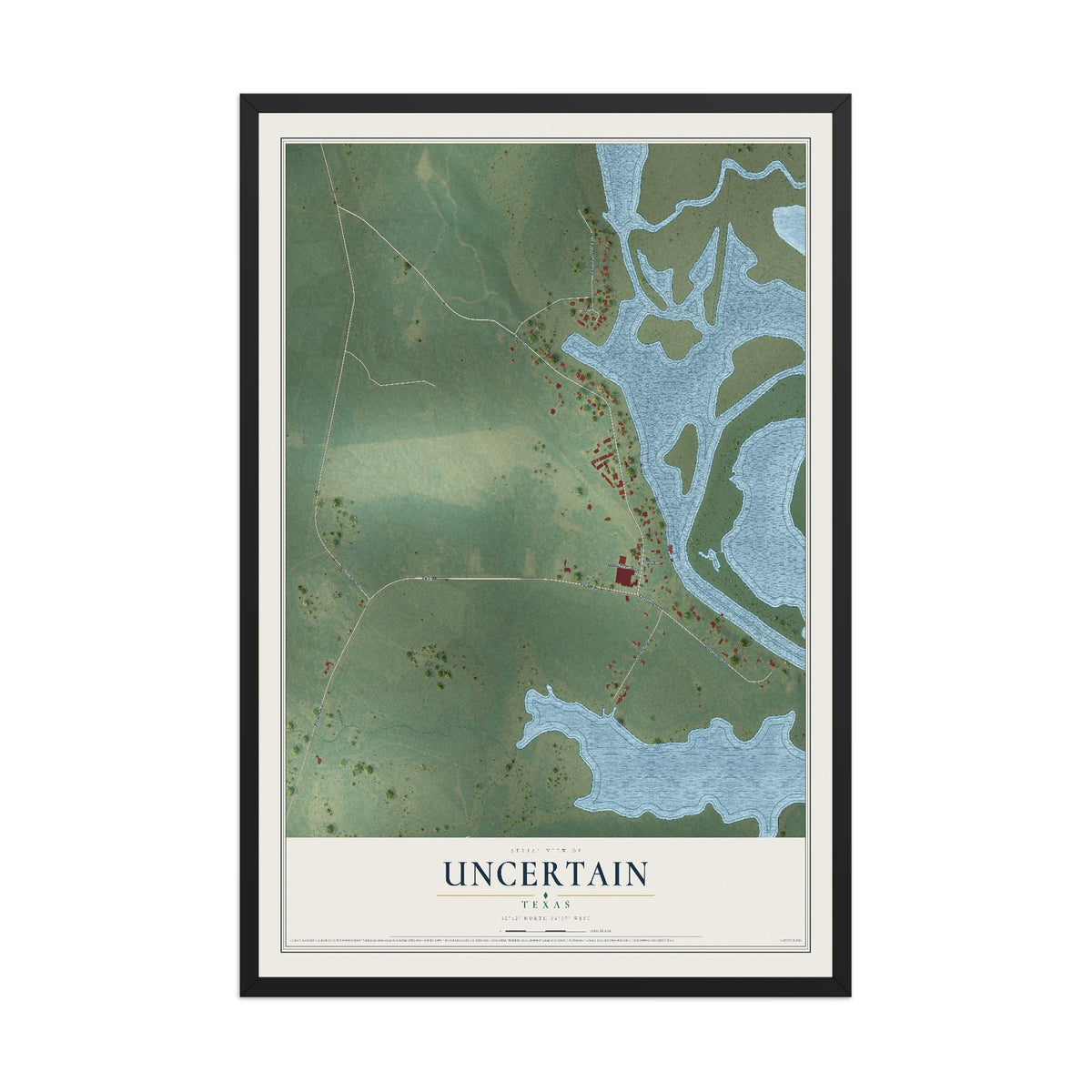 Map of Uncertain, Texas, 12 x 18 inch print in a black wood frame