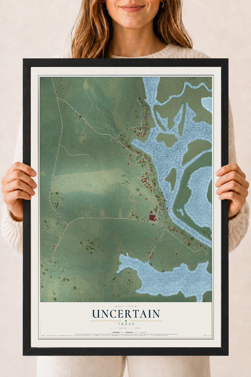 Map of Uncertain, Texas, 18 x 24 inch print in a black wood frame