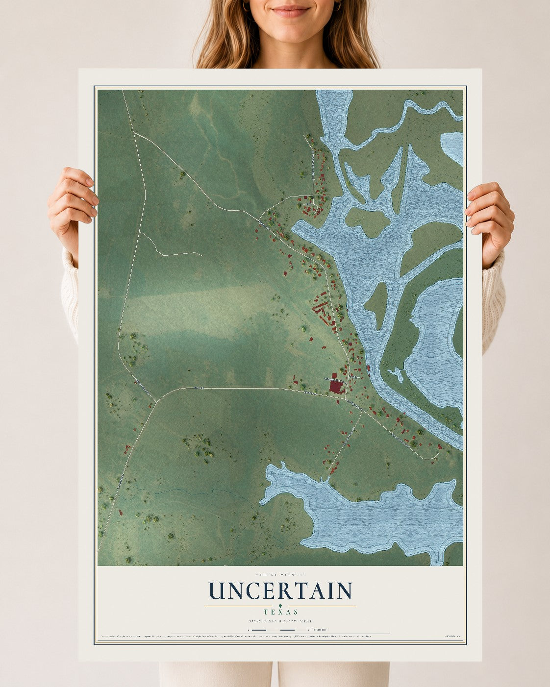 Map of Uncertain, Texas, 24 x 36 inch unframed archival matte print