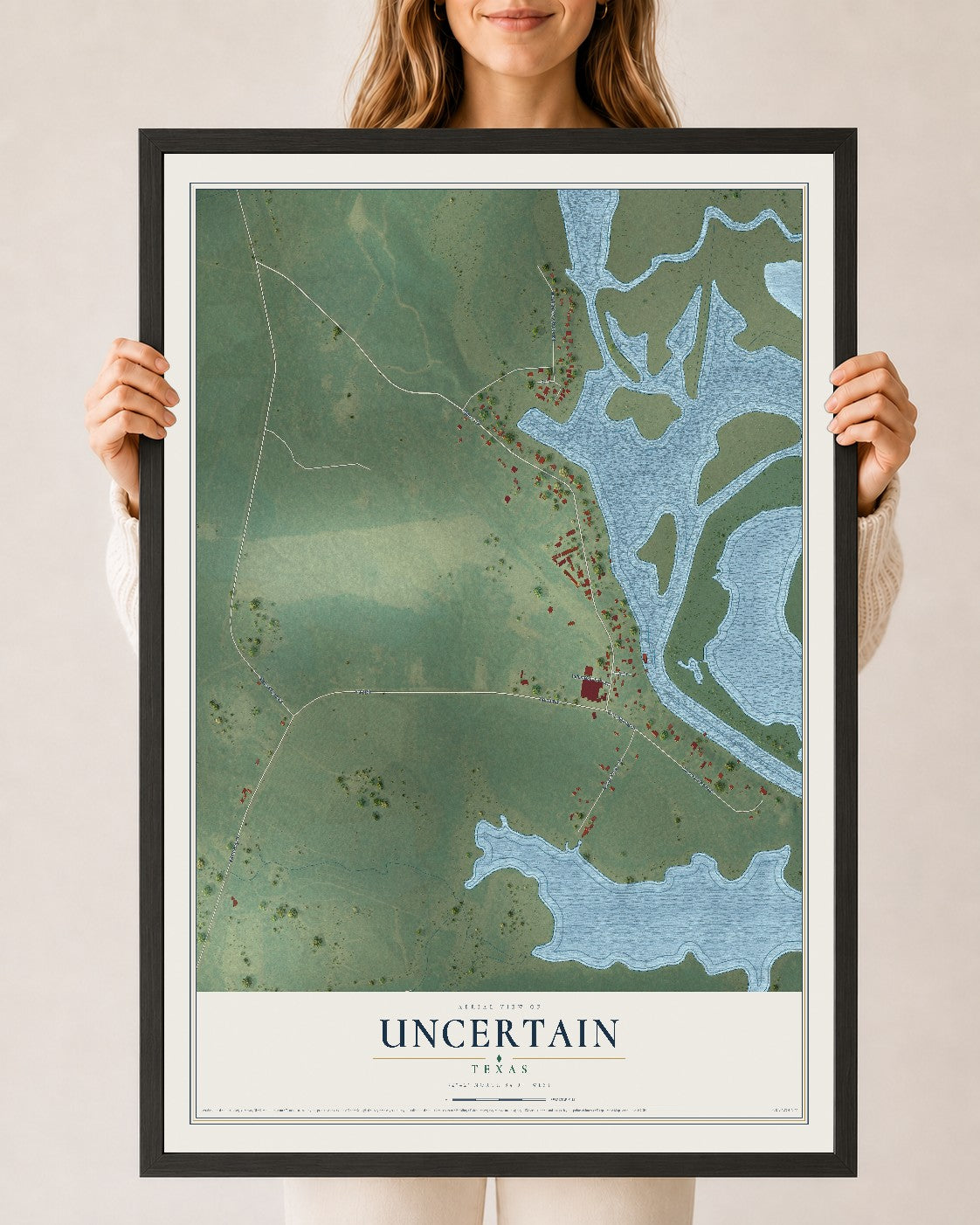 Map of Uncertain, Texas, 24 x 36 inch print in a black wood frame
