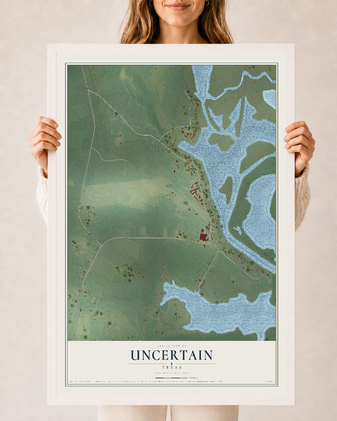Map of Uncertain, Texas, 24 x 36 inch print in a white wood frame