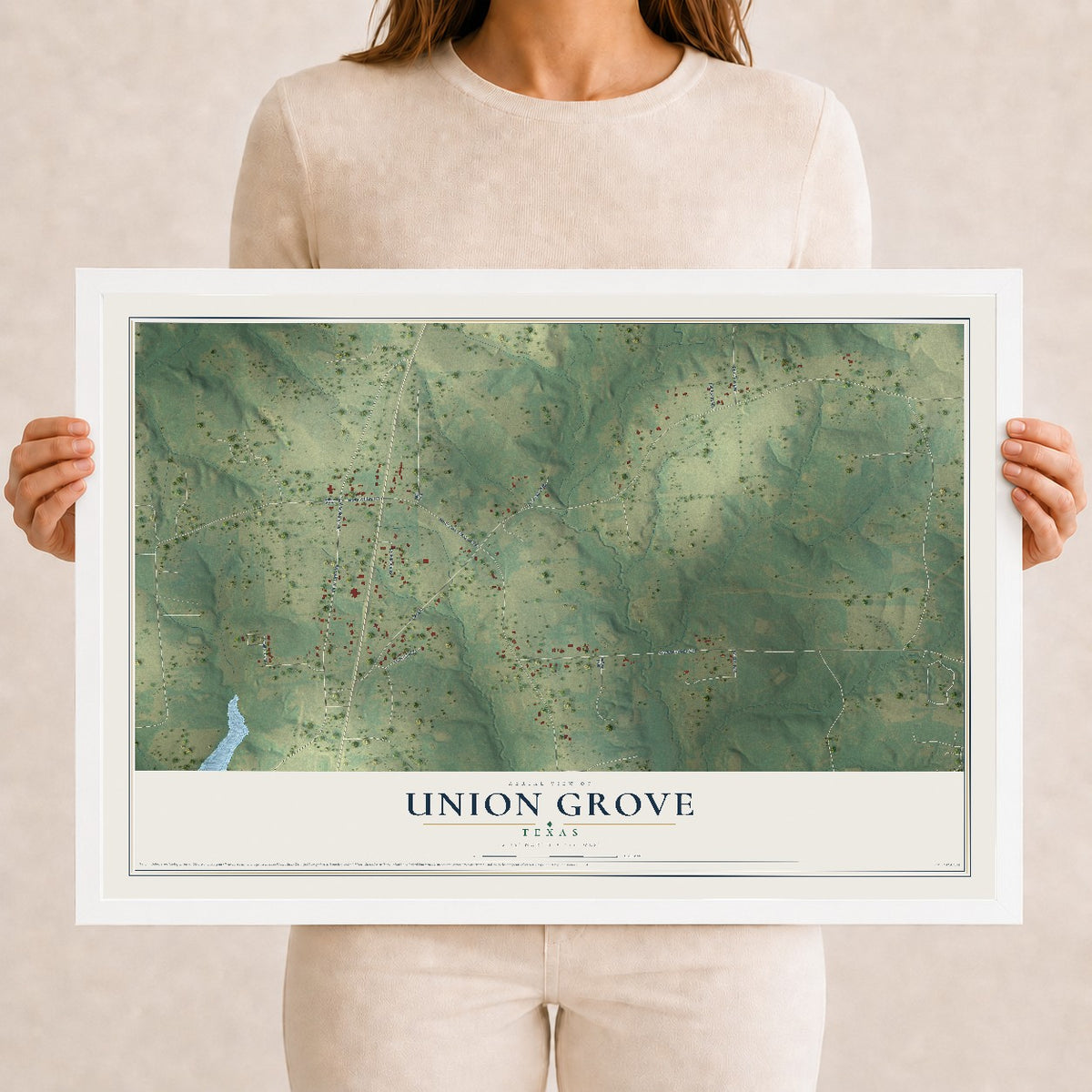 Map of Union Grove, Texas, 12 x 18 inch print in a white wood frame