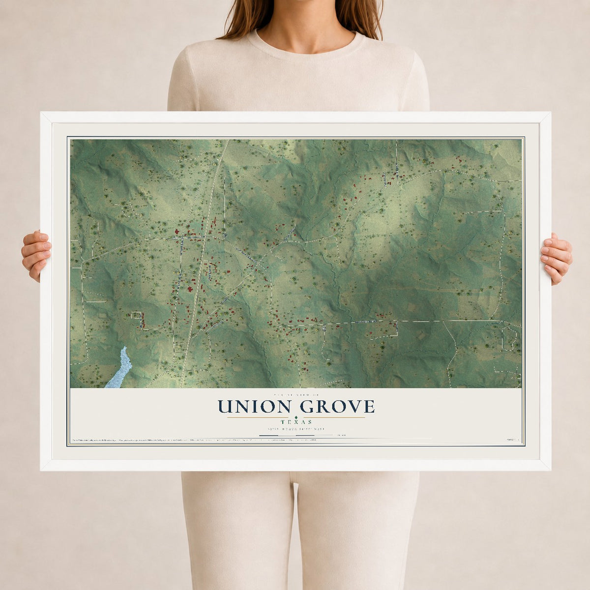 Map of Union Grove, Texas, 24 x 36 inch print in a white wood frame