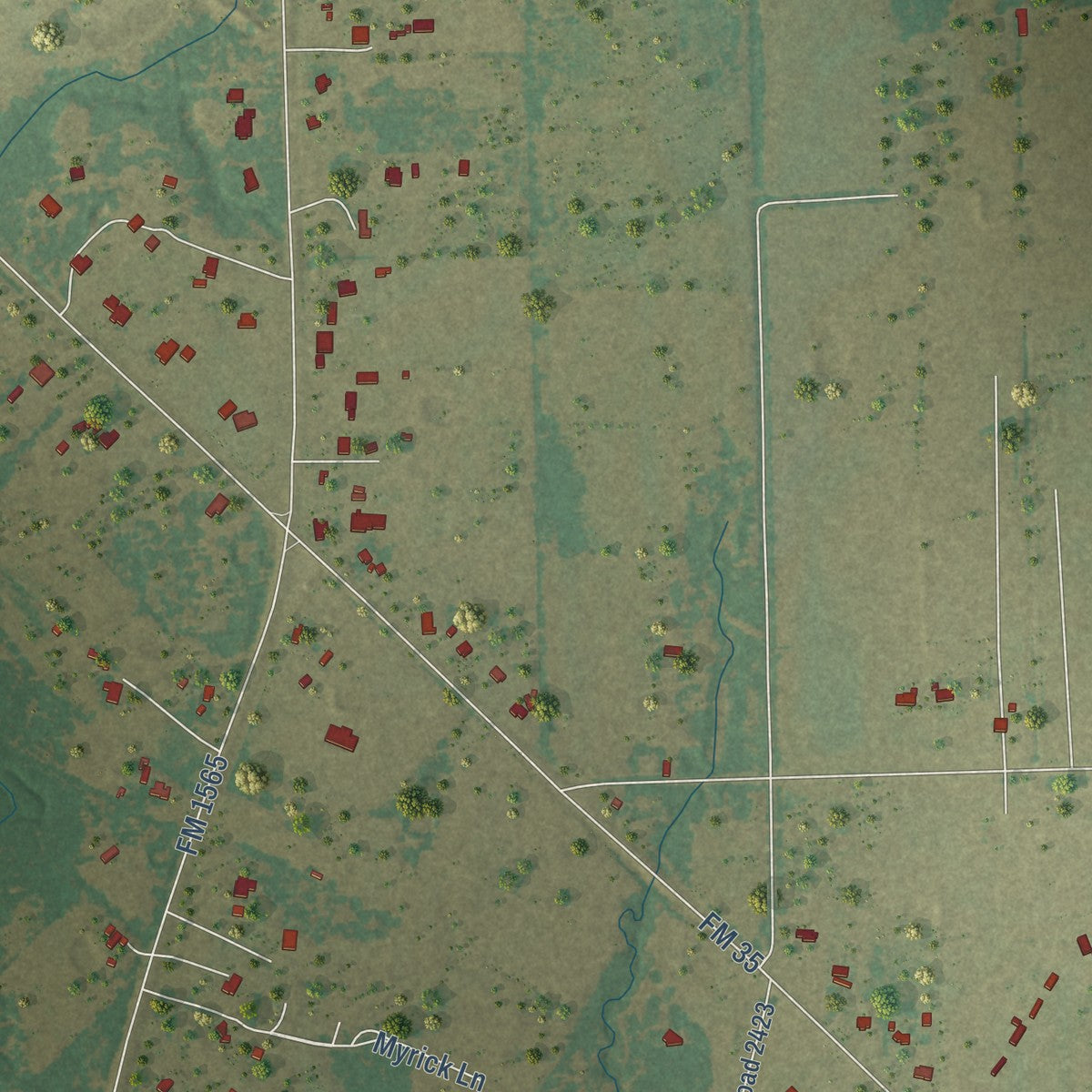 Close-up of the map of Union Valley, Texas print showing street and building detail