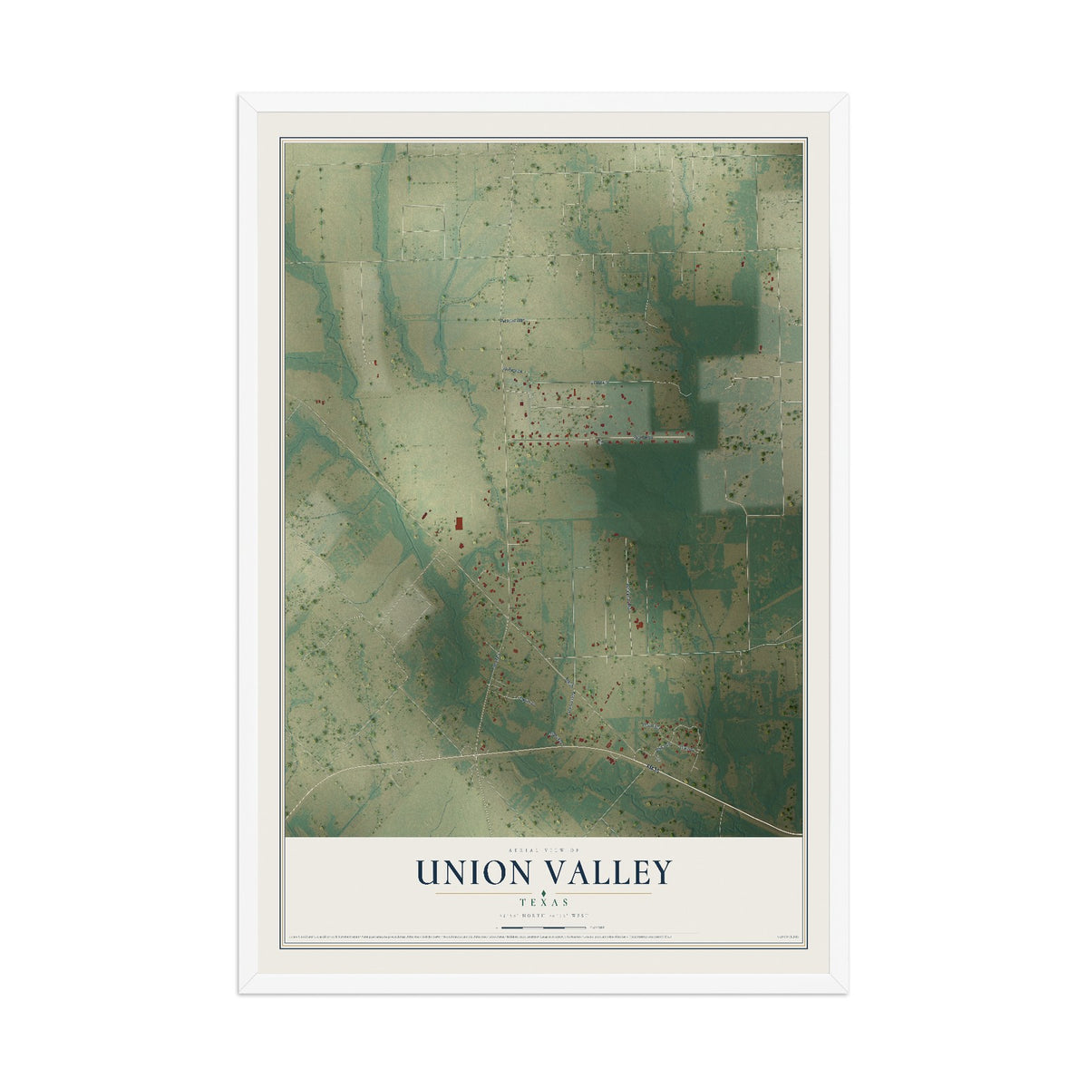 Map of Union Valley, Texas, 12 x 18 inch print in a white wood frame