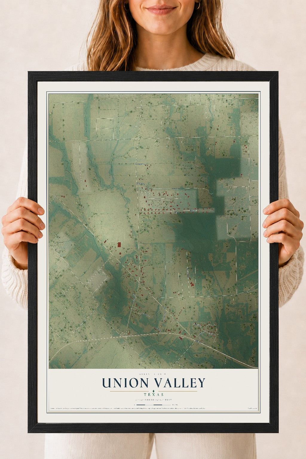Map of Union Valley, Texas, 18 x 24 inch print in a black wood frame