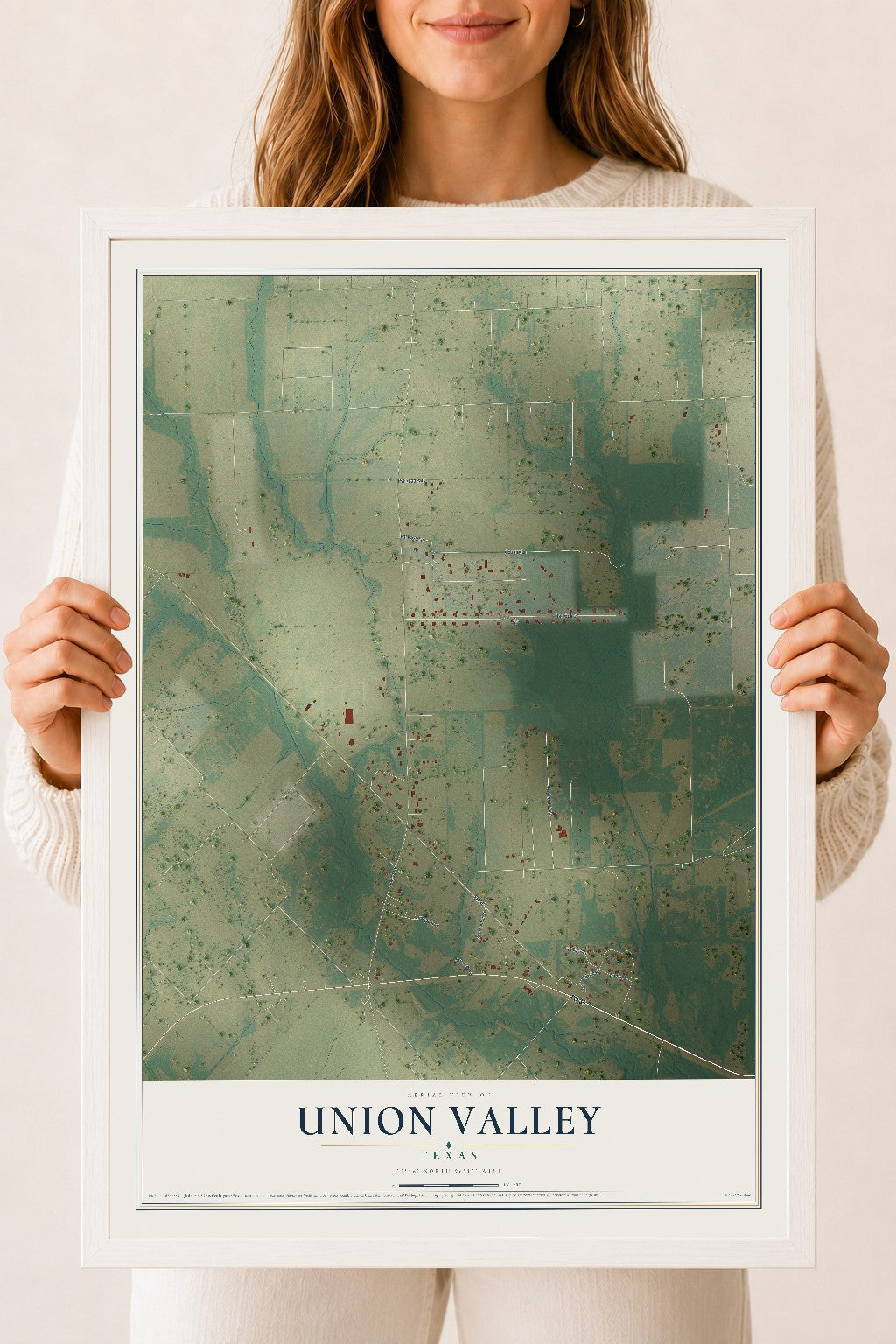 Map of Union Valley, Texas, 18 x 24 inch print in a white wood frame