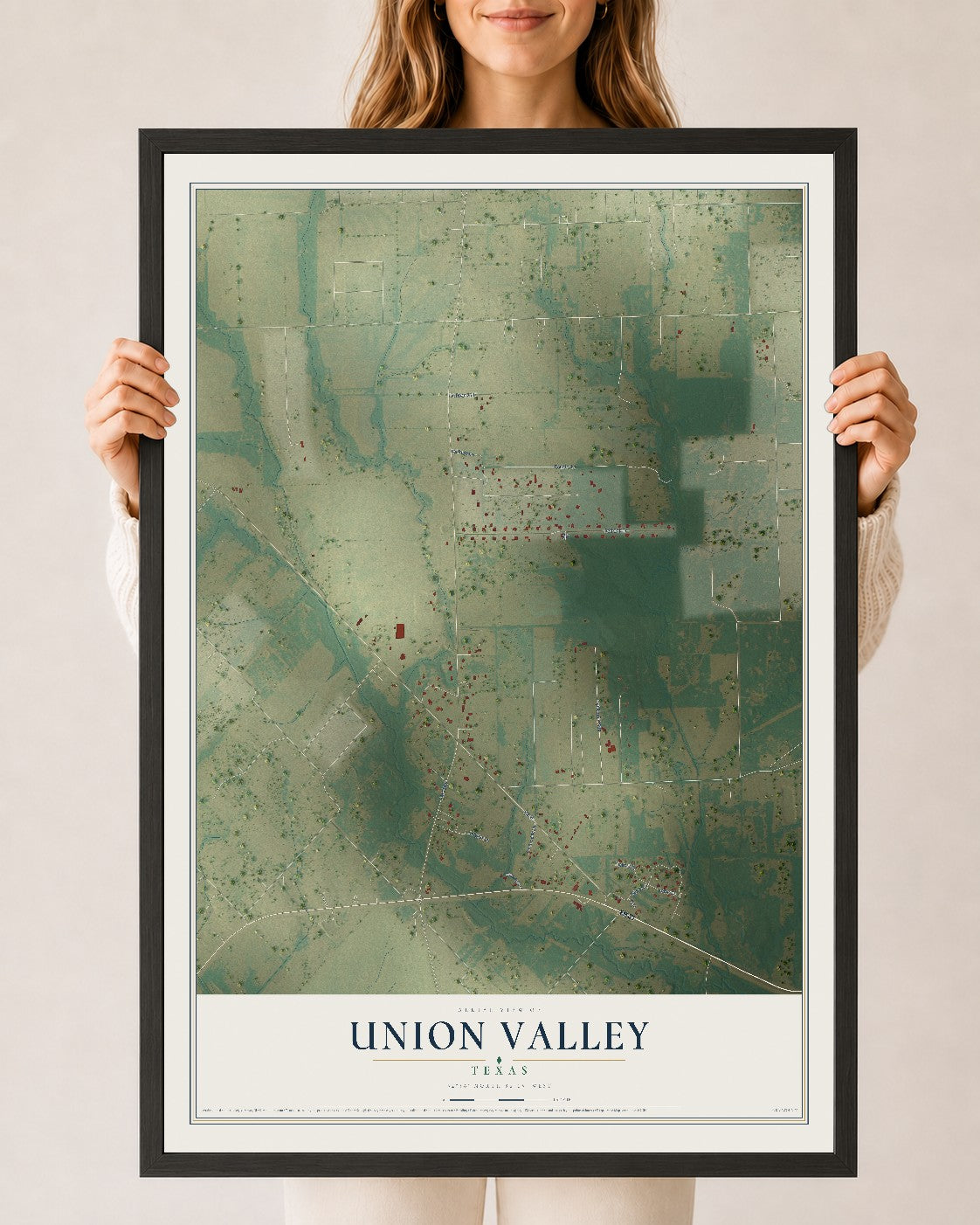 Map of Union Valley, Texas, 24 x 36 inch print in a black wood frame