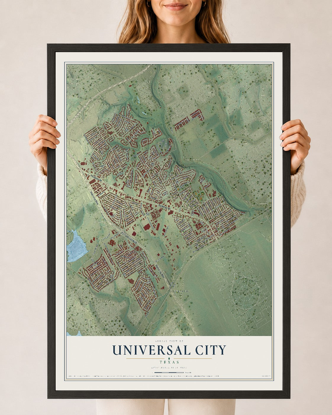 Map of Universal City, Texas, 24 x 36 inch print in a black wood frame