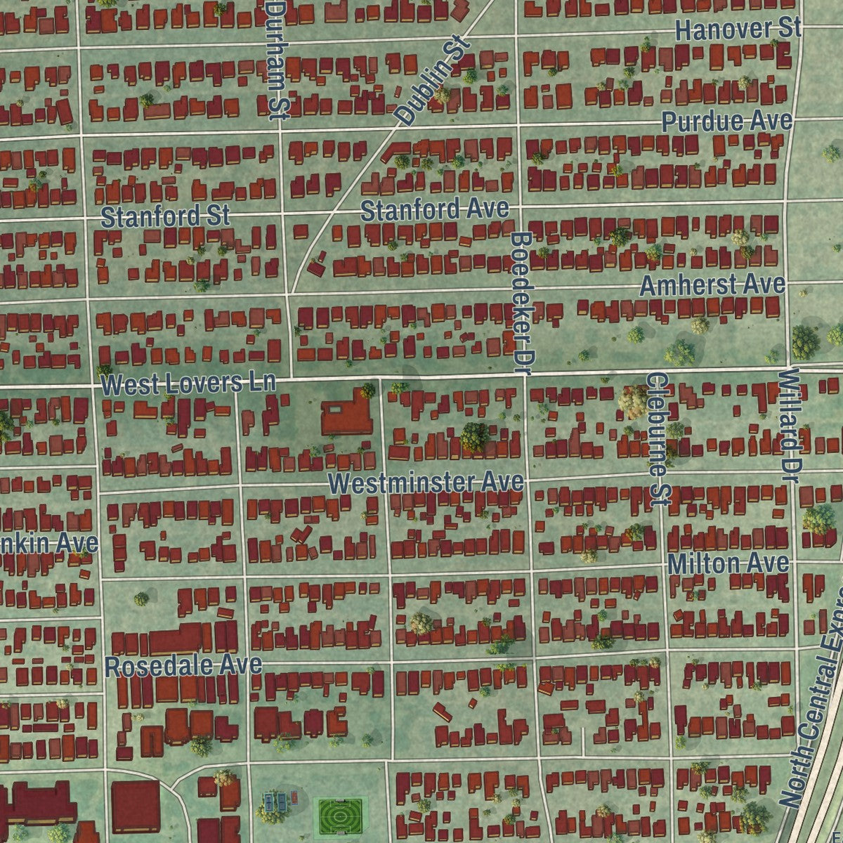 Close-up of the map of University Park, Texas print showing street and building detail