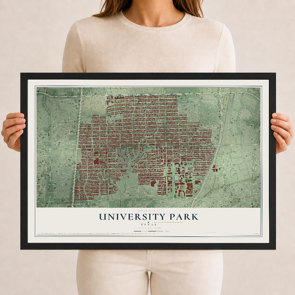 Map of University Park, Texas, 12 x 18 inch print in a black wood frame