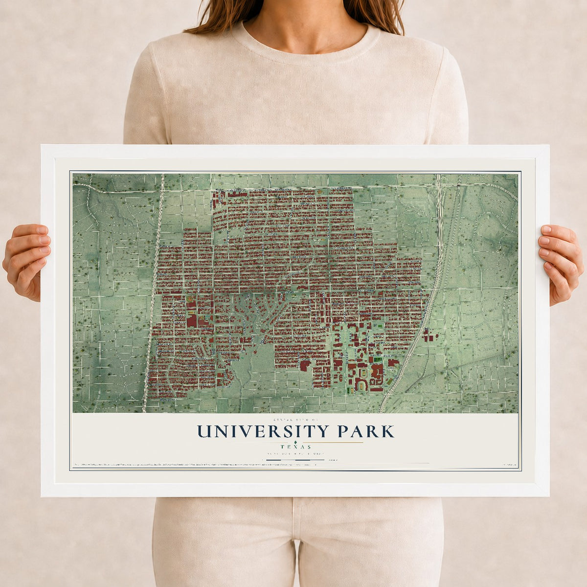 Map of University Park, Texas, 12 x 18 inch print in a white wood frame