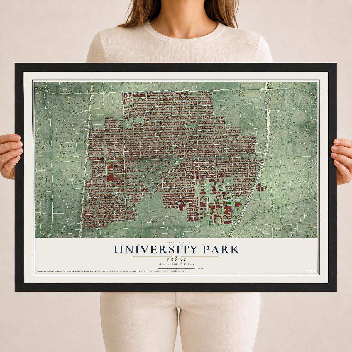 Map of University Park, Texas, 18 x 24 inch print in a black wood frame