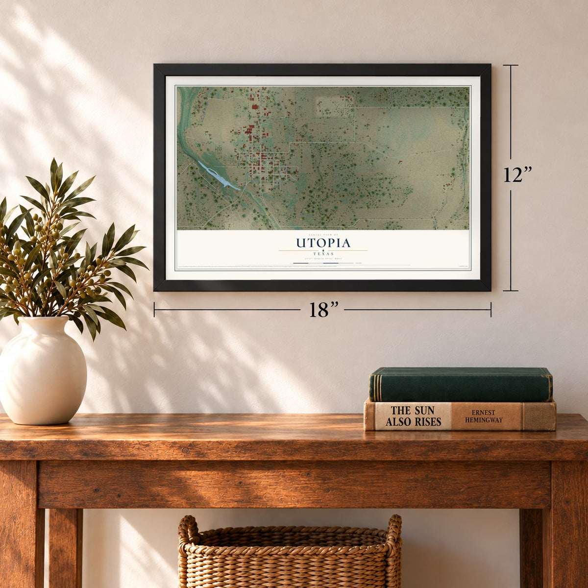 Utopia, Texas map, 12 x 18 inch print in a black frame in an entryway