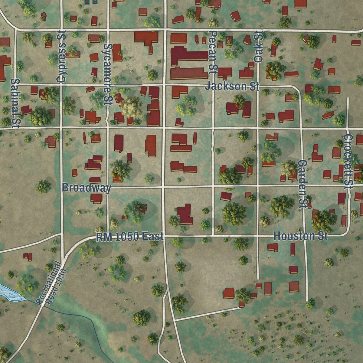Close-up of the map of Utopia, Texas print showing street and building detail
