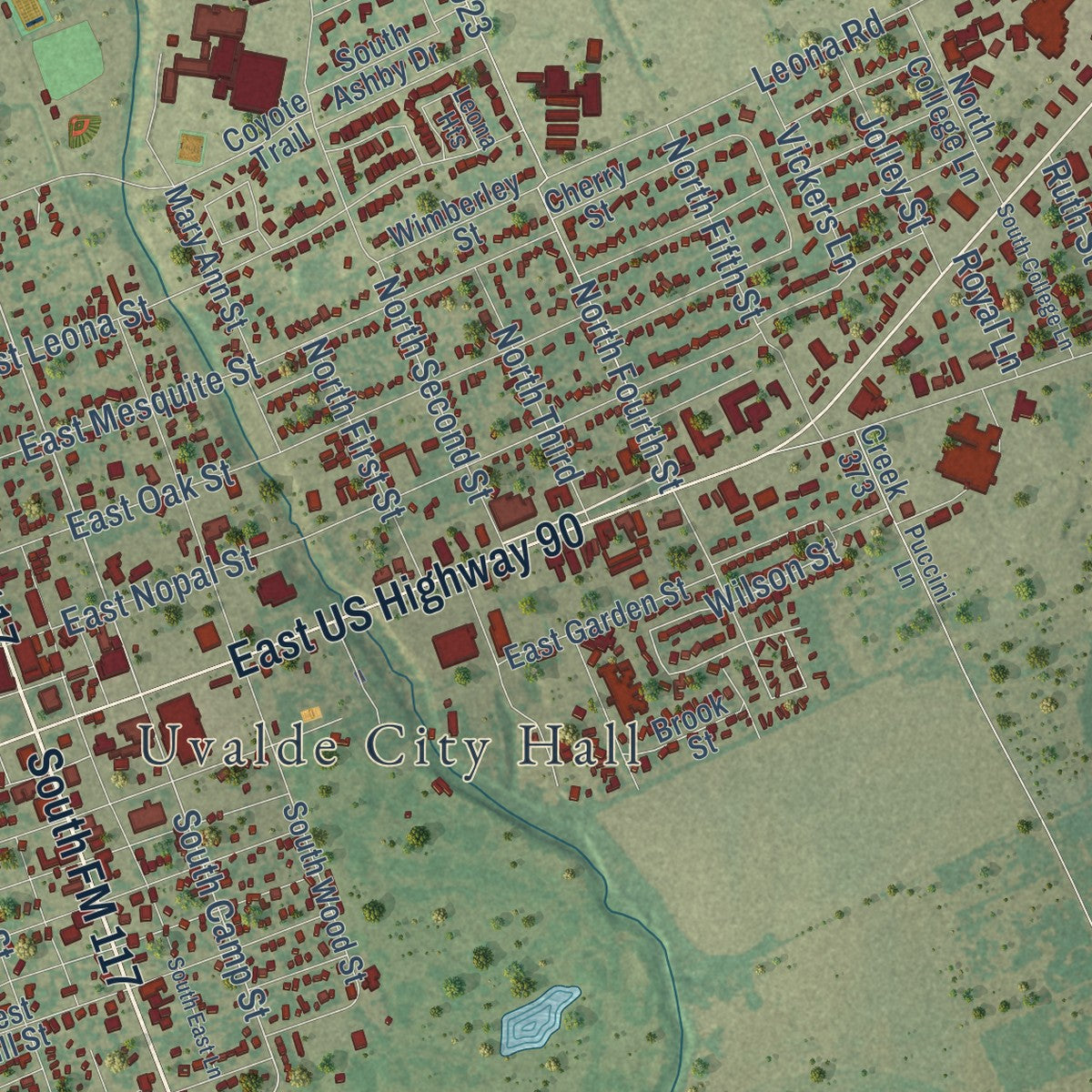 Close-up of the map of Uvalde, Texas print showing street and building detail