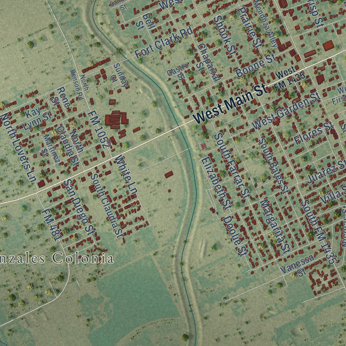 Second close-up of the map of Uvalde, Texas print showing more streets and buildings