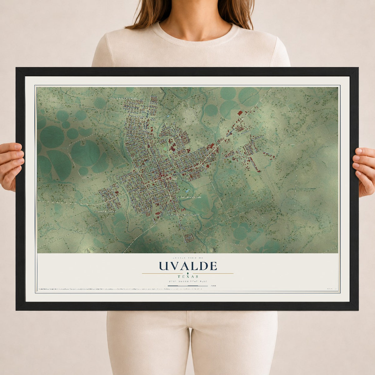 Map of Uvalde, Texas, 18 x 24 inch print in a black wood frame