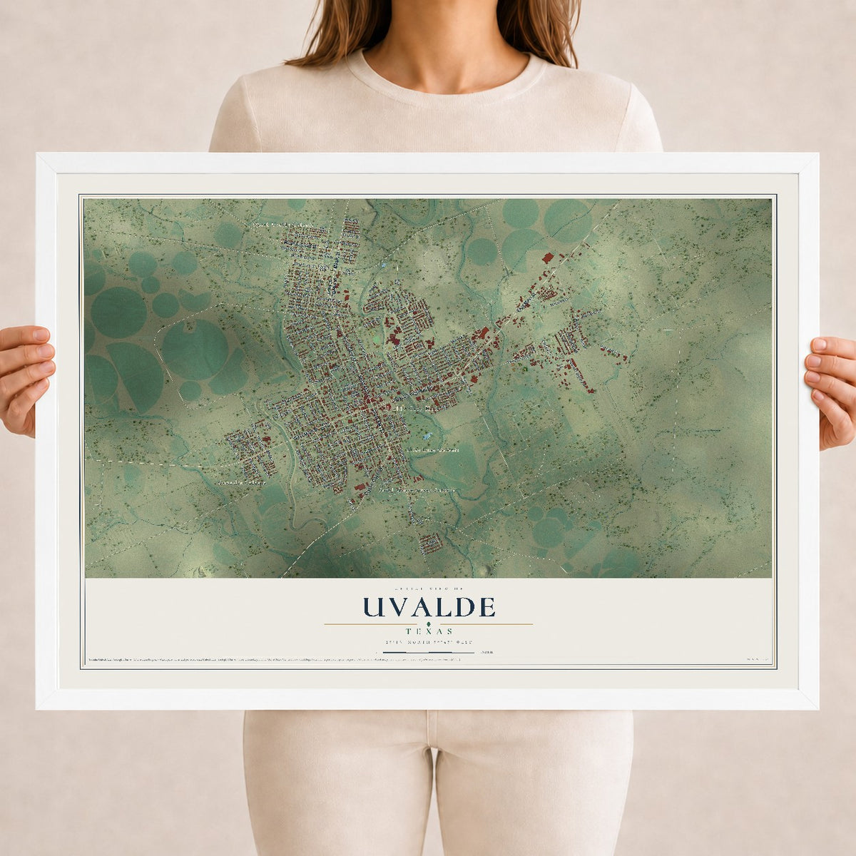 Map of Uvalde, Texas, 18 x 24 inch print in a white wood frame