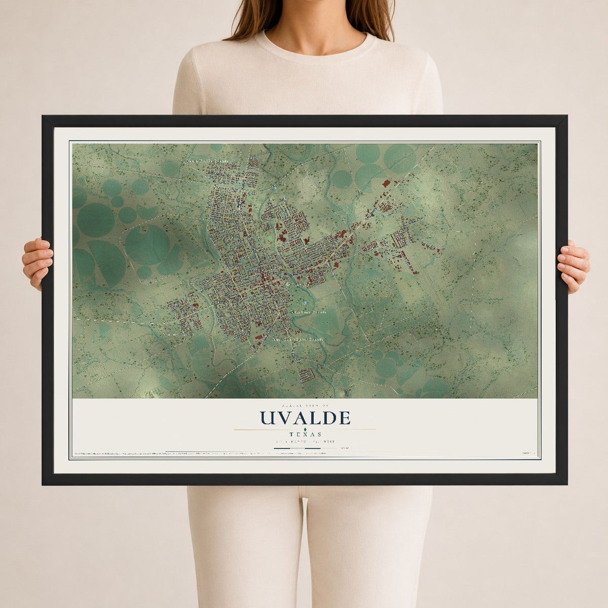 Map of Uvalde, Texas, 24 x 36 inch print in a black wood frame