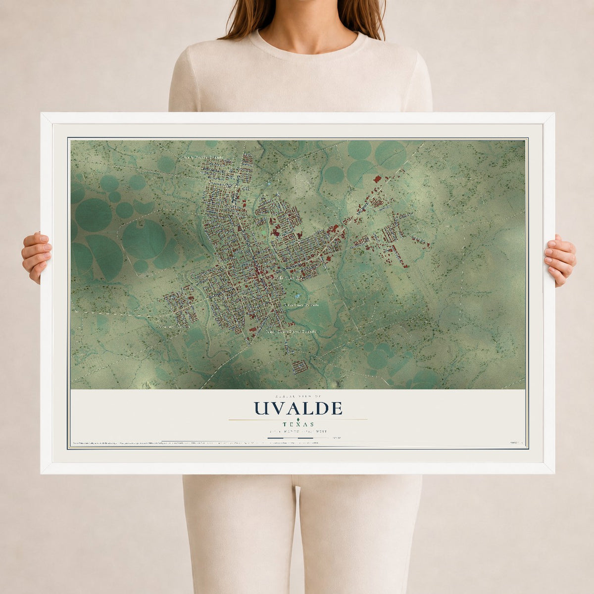 Map of Uvalde, Texas, 24 x 36 inch print in a white wood frame