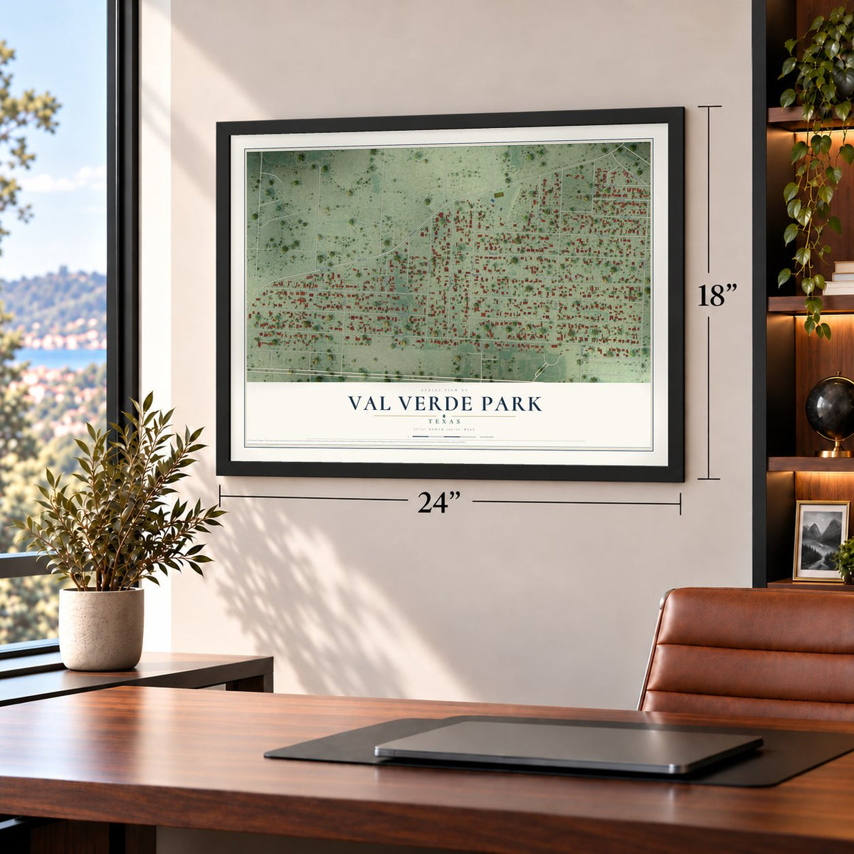 Val Verde Park, Texas map, 18 x 24 inch print in a black frame in a home office