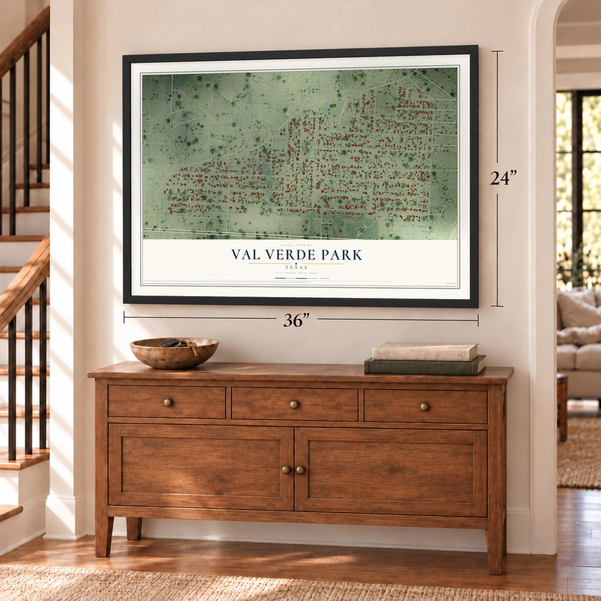 Val Verde Park, Texas map, 24 x 36 inch print in a black frame above a dresser by a staircase