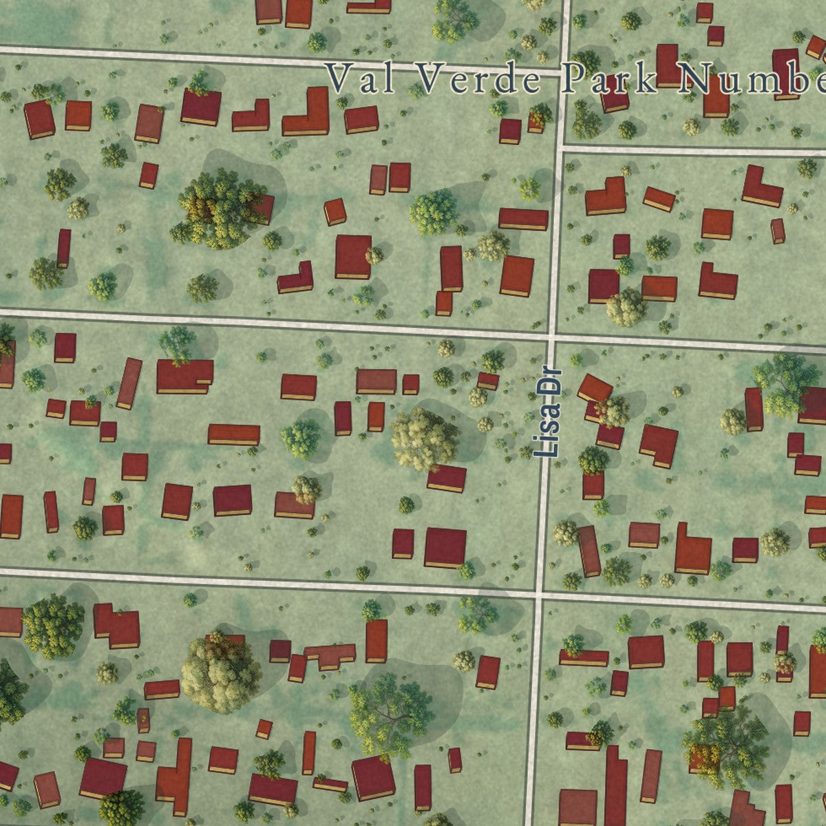 Close-up of the map of Val Verde Park, Texas print showing street and building detail