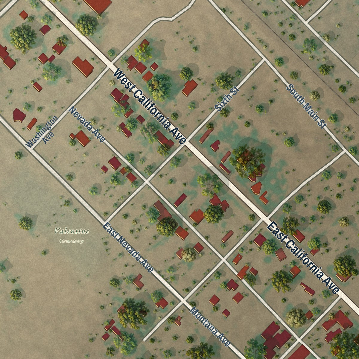Close-up of the map of Valentine, Texas print showing street and building detail