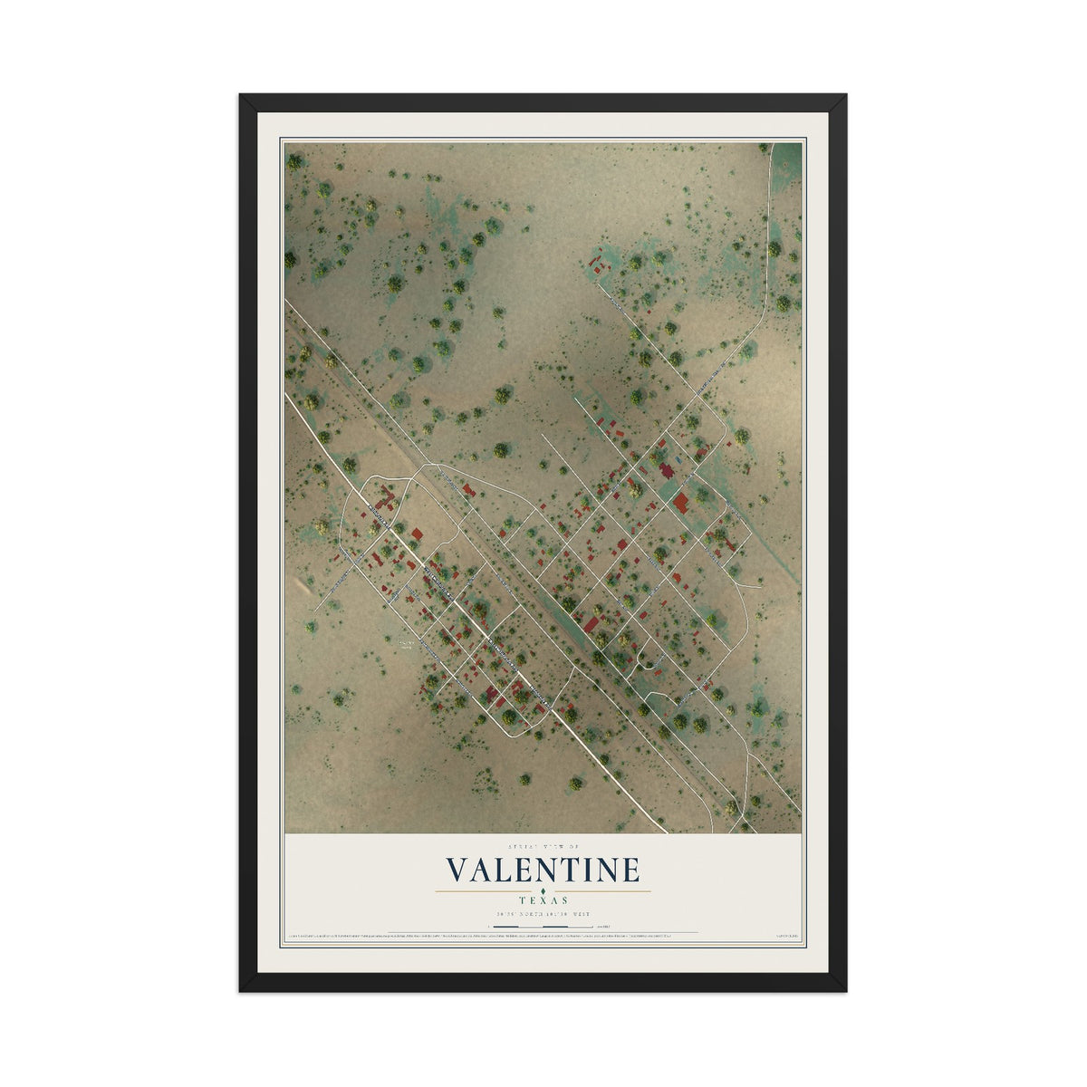 Map of Valentine, Texas, 12 x 18 inch print in a black wood frame