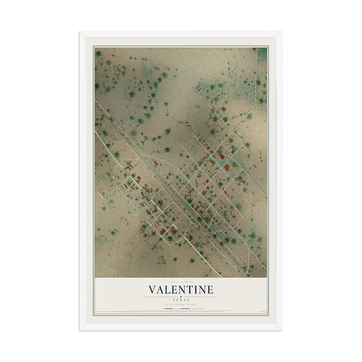 Map of Valentine, Texas, 12 x 18 inch print in a white wood frame