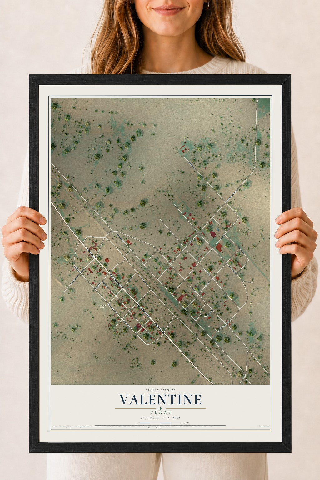 Map of Valentine, Texas, 18 x 24 inch print in a black wood frame