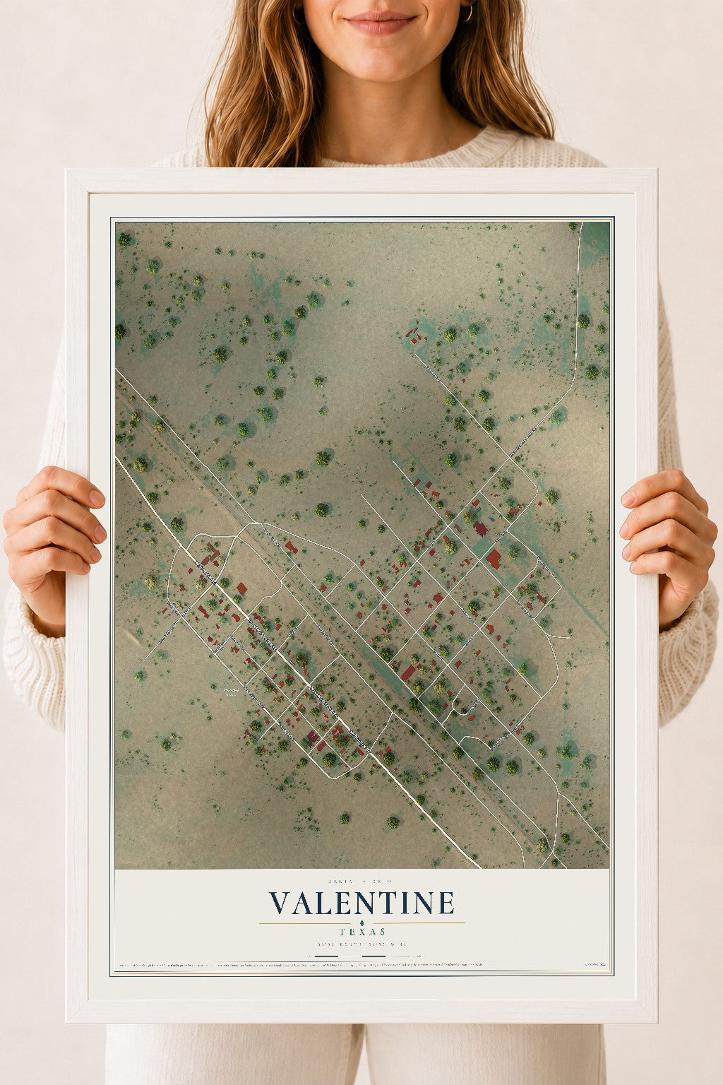 Map of Valentine, Texas, 18 x 24 inch print in a white wood frame