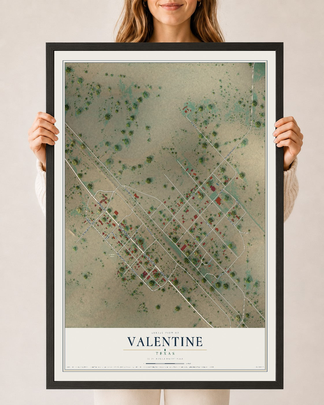 Map of Valentine, Texas, 24 x 36 inch print in a black wood frame