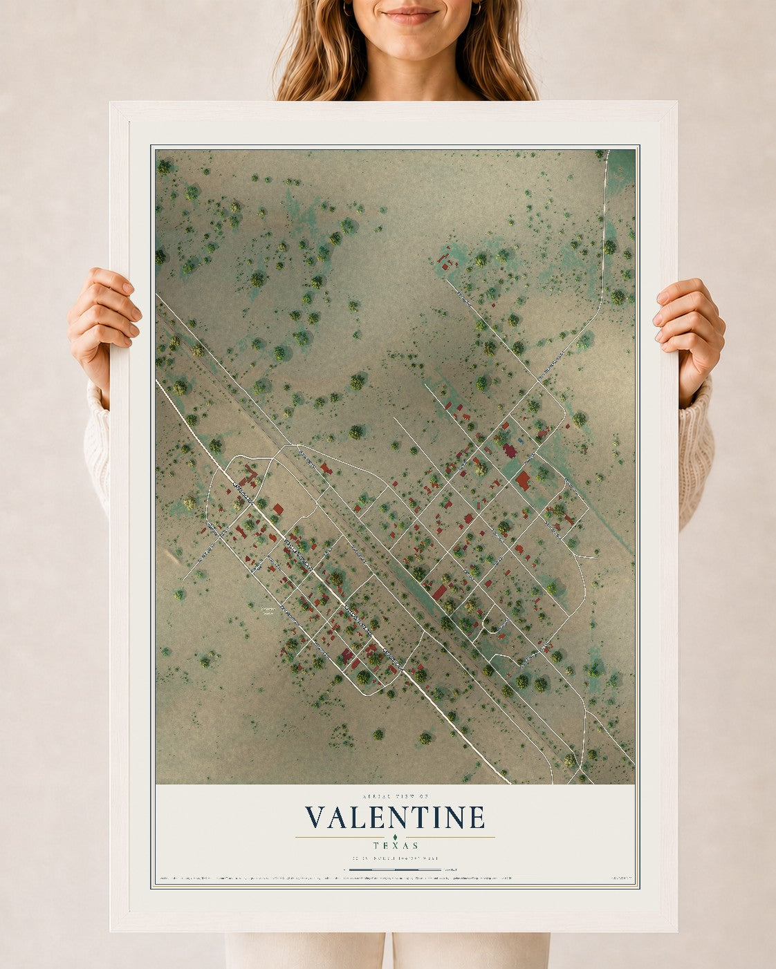 Map of Valentine, Texas, 24 x 36 inch print in a white wood frame