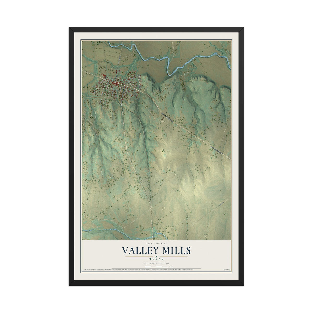 Map of Valley Mills, Texas, 12 x 18 inch print in a black wood frame