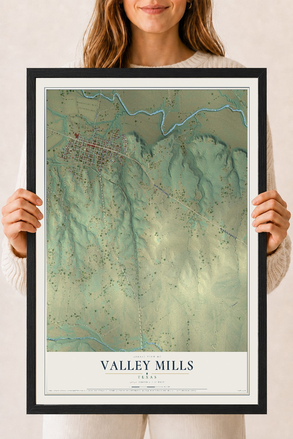 Map of Valley Mills, Texas, 18 x 24 inch print in a black wood frame