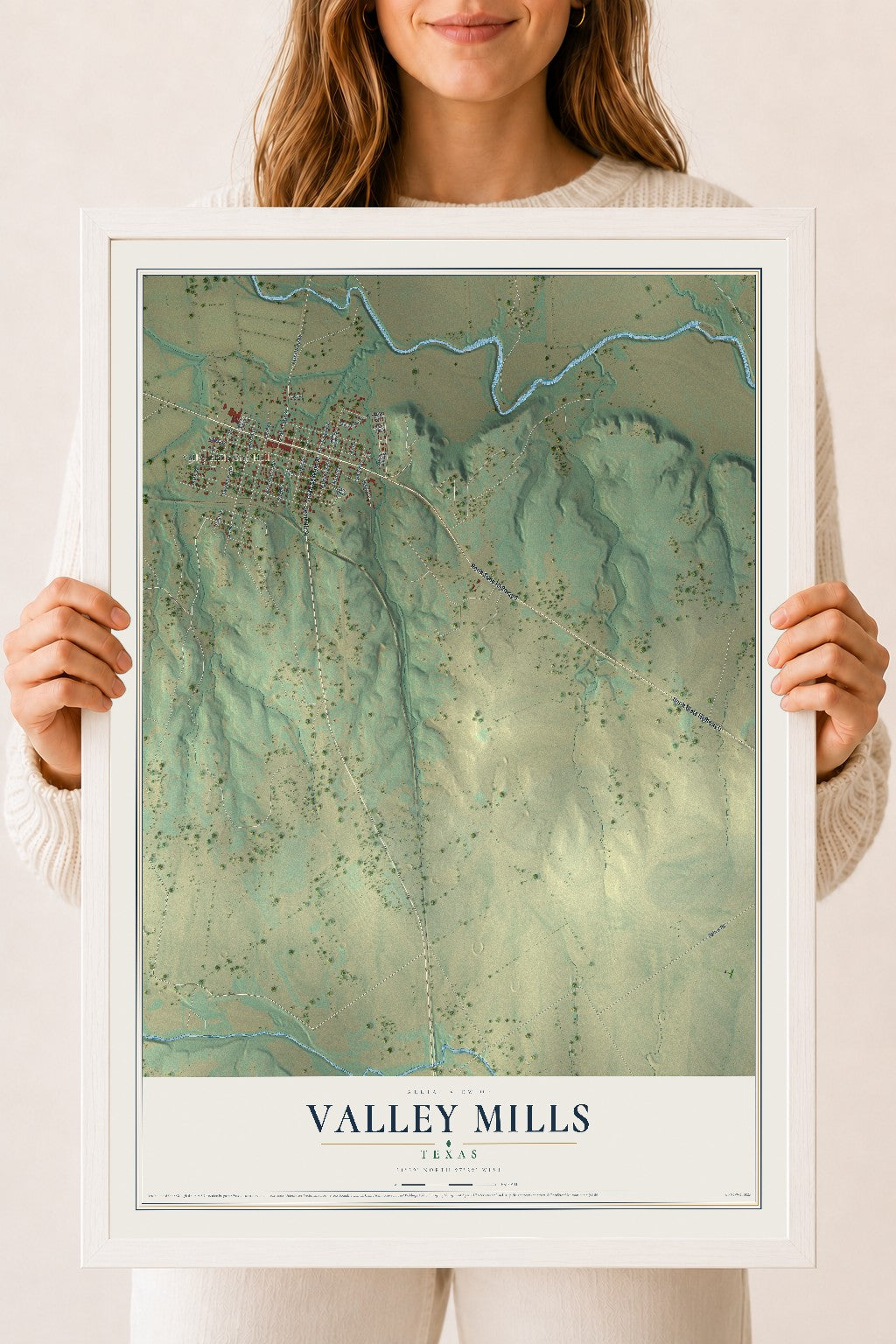 Map of Valley Mills, Texas, 18 x 24 inch print in a white wood frame