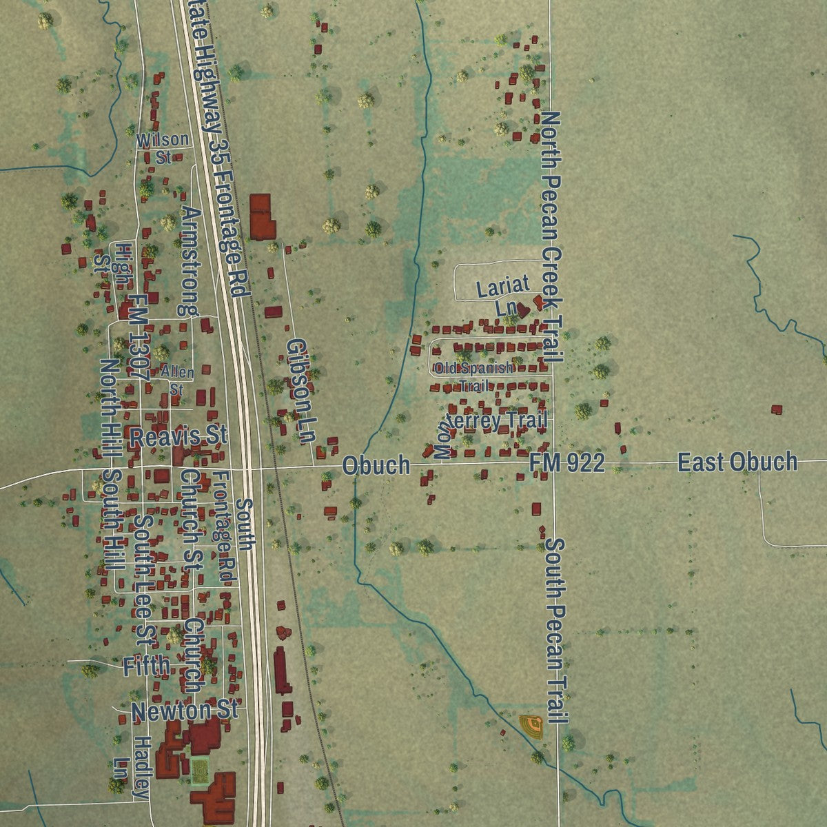Close-up of the map of Valley View, Texas print showing street and building detail