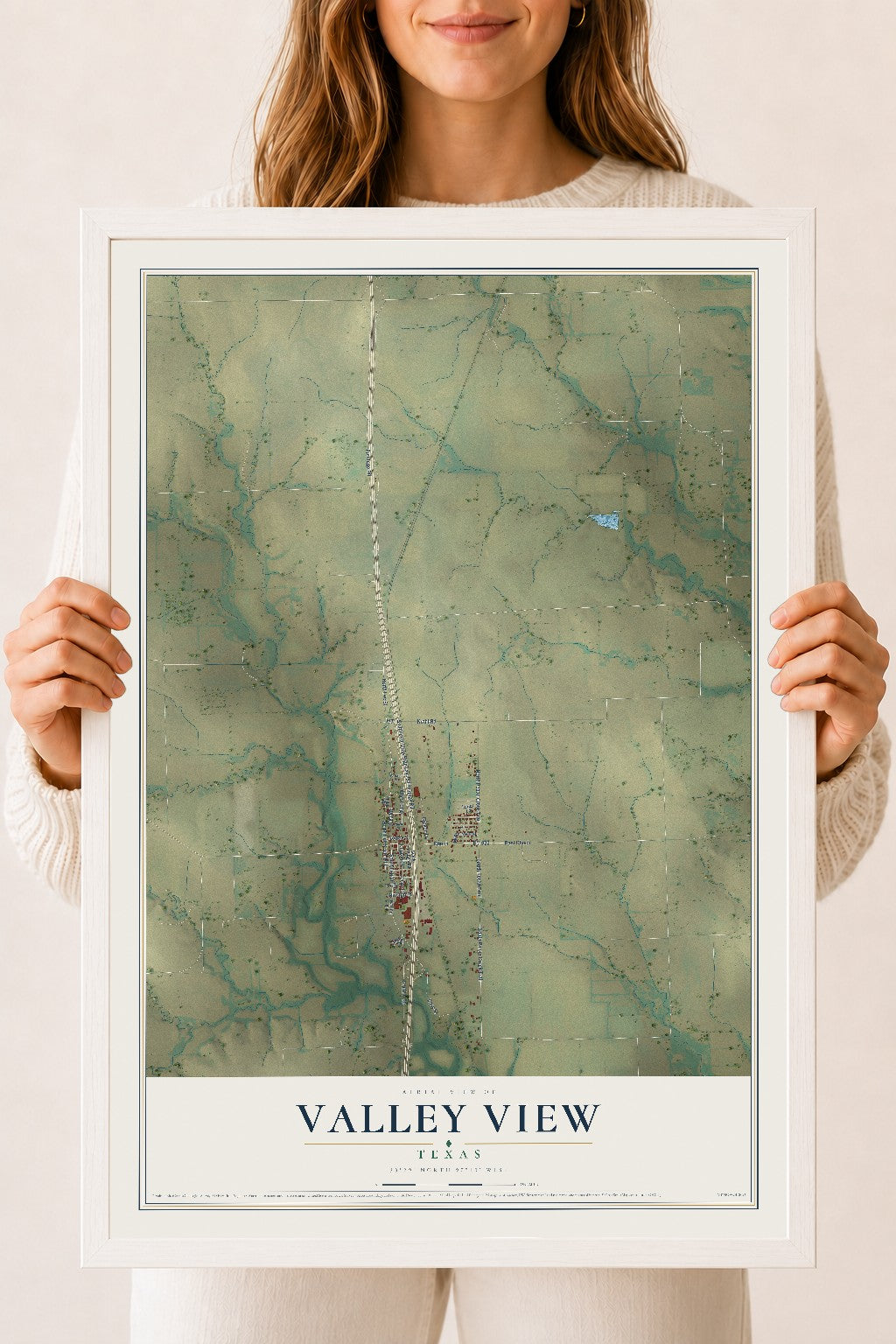 Map of Valley View, Texas, 18 x 24 inch print in a white wood frame