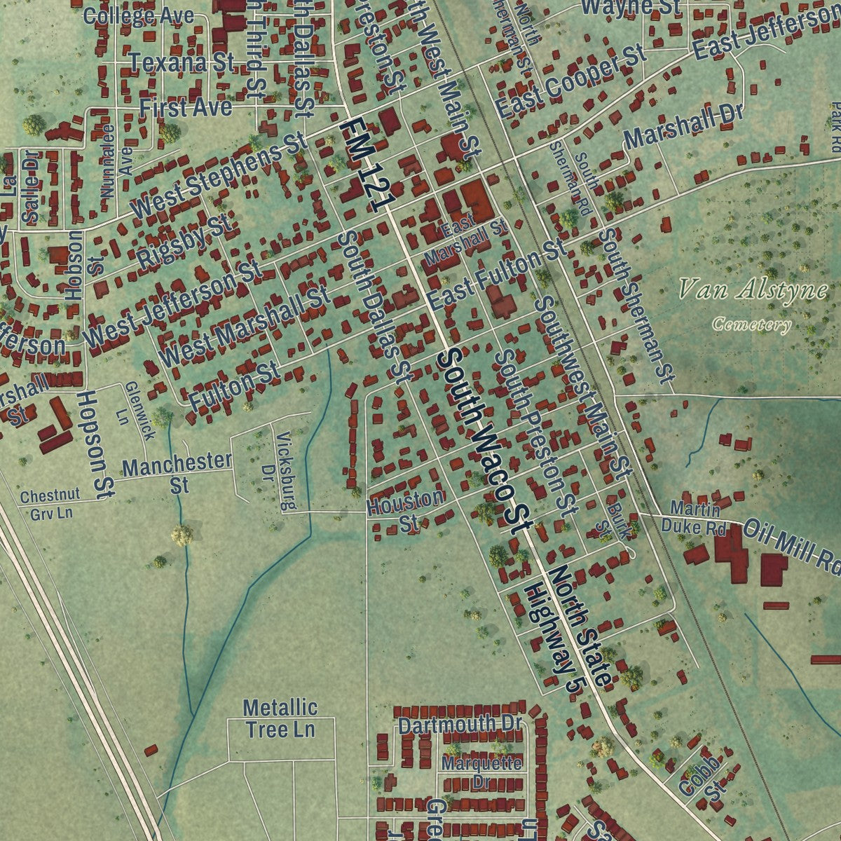 Close-up of the map of Van Alstyne, Texas print showing street and building detail