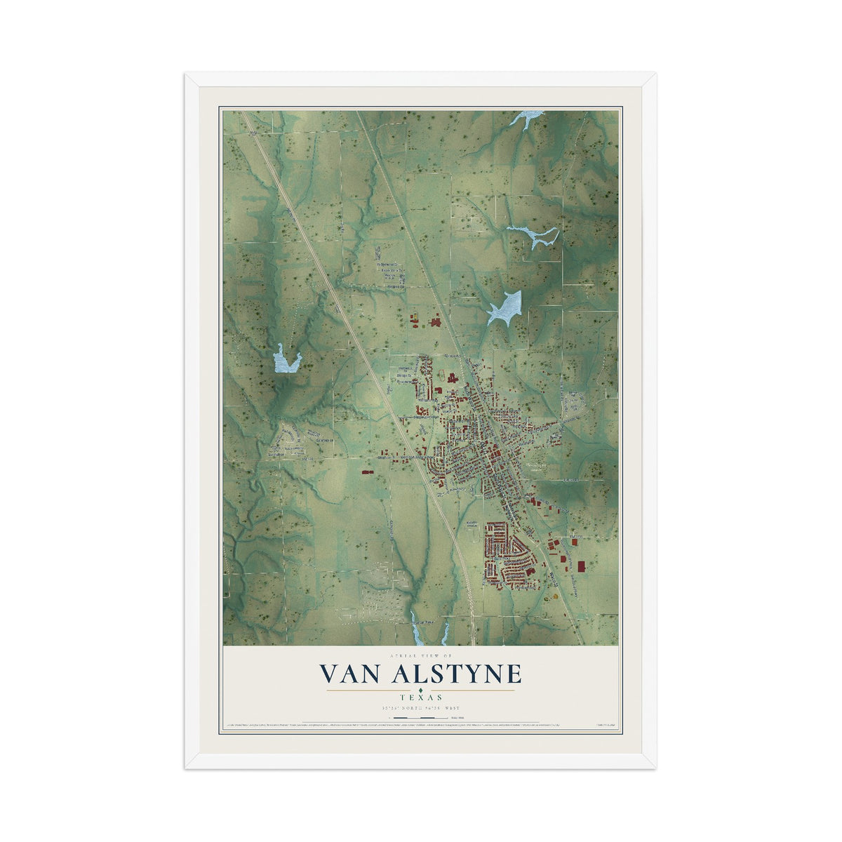 Map of Van Alstyne, Texas, 12 x 18 inch print in a white wood frame