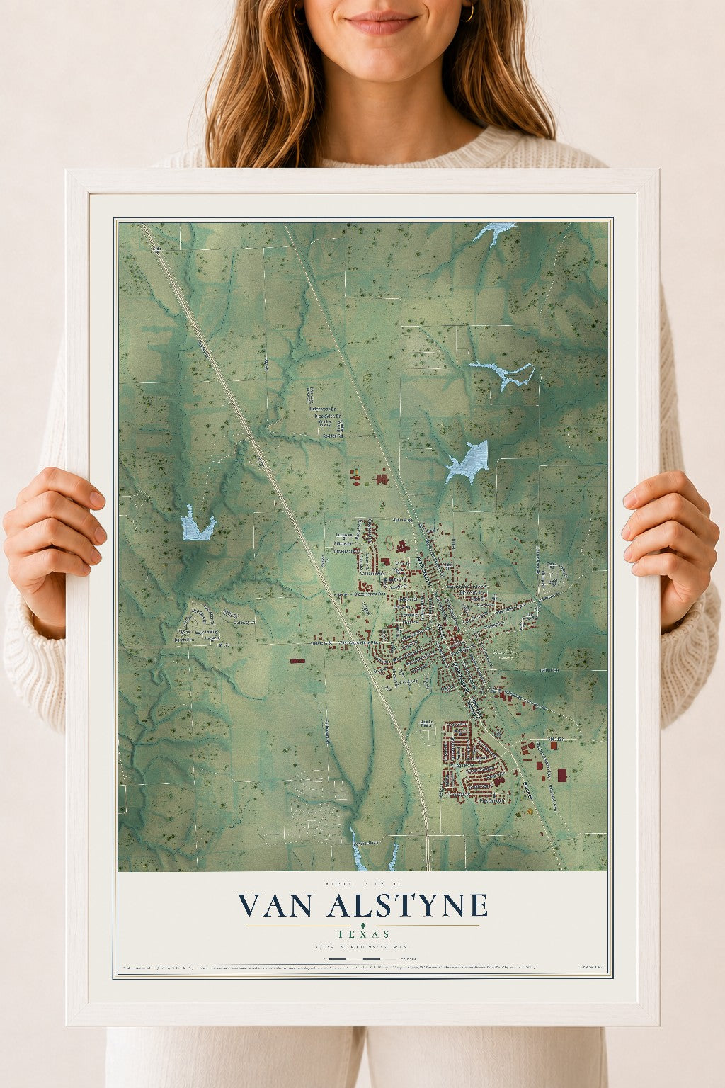 Map of Van Alstyne, Texas, 18 x 24 inch print in a white wood frame