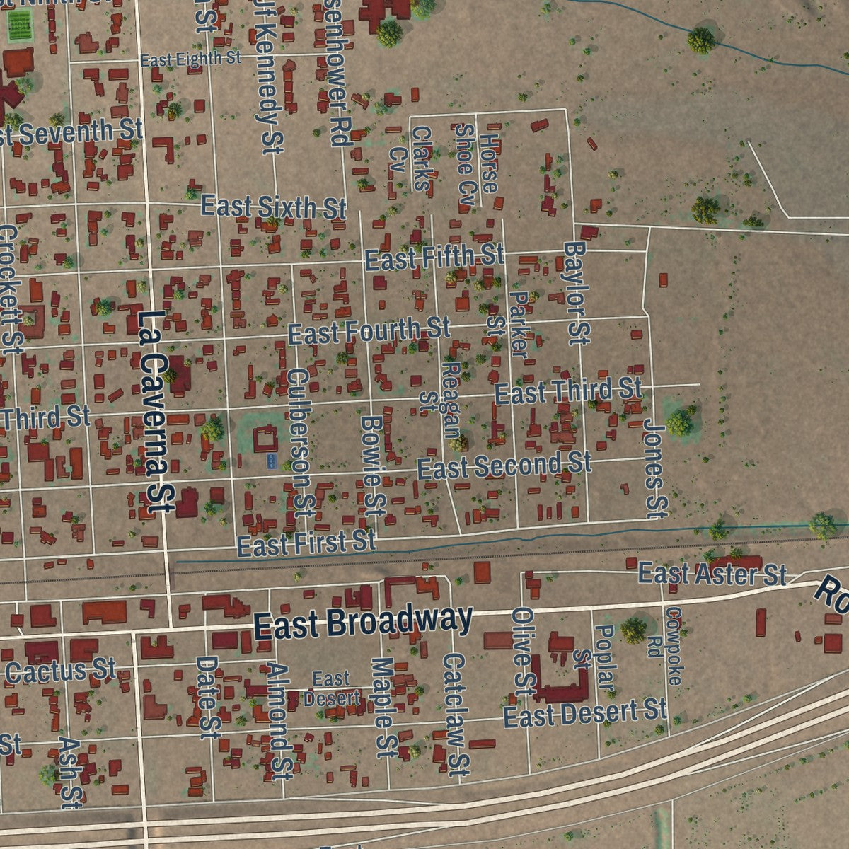 Close-up of the map of Van Horn, Texas print showing street and building detail