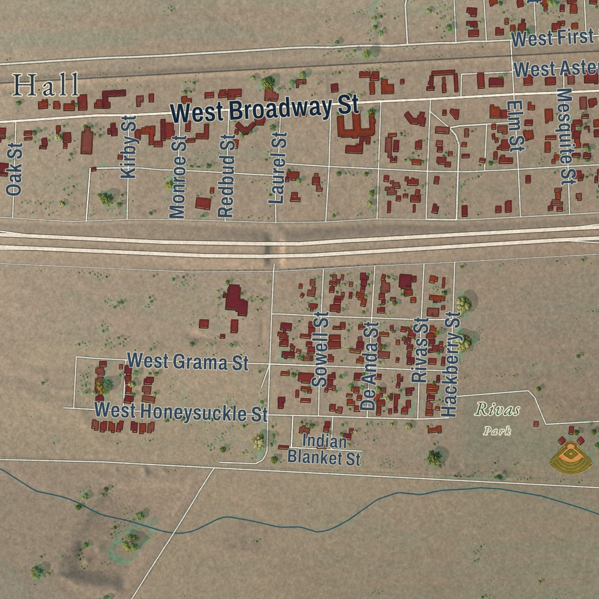 Second close-up of the map of Van Horn, Texas print showing more streets and buildings